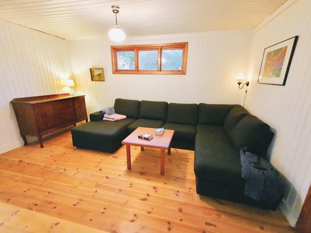 Wohnzimmer mit großem Sofa in dunkler Farbe nd Holzdielen.